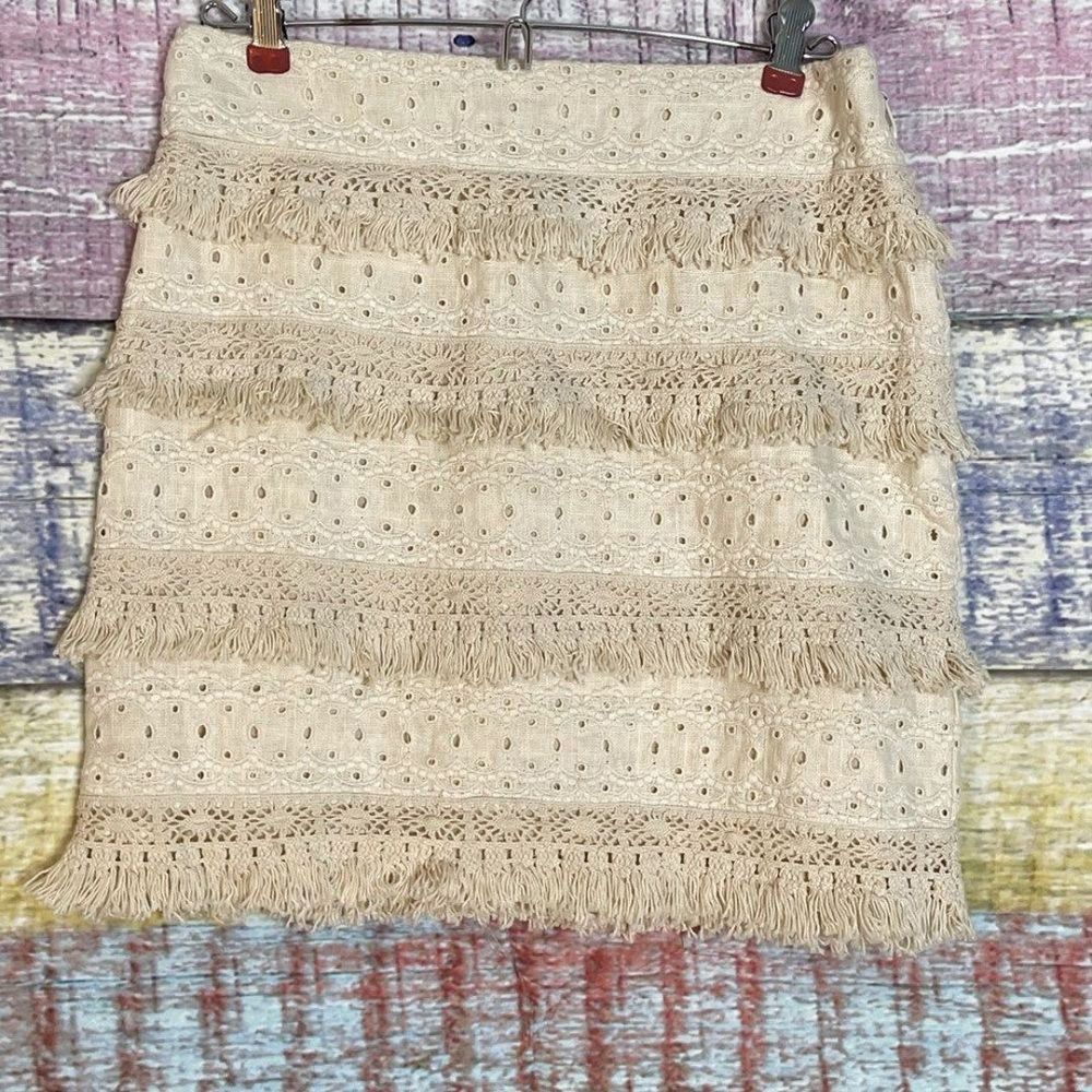 Anthropologie HD in Paris Cream Fringe Skirt Sz 4